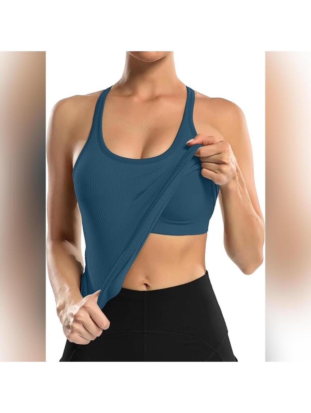 NWT ATTRACO Ribbed Racerback Workout Tank Top with Built In Bra, Medium - Picture 4 of 6